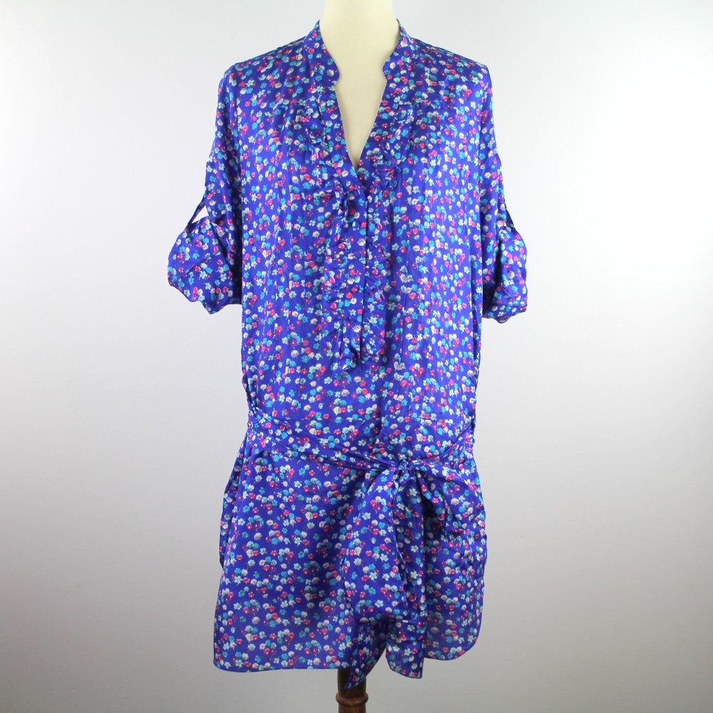 Rebecca Taylor Silk Ruffle Button Placket Belt Shirt Mini Dress 12